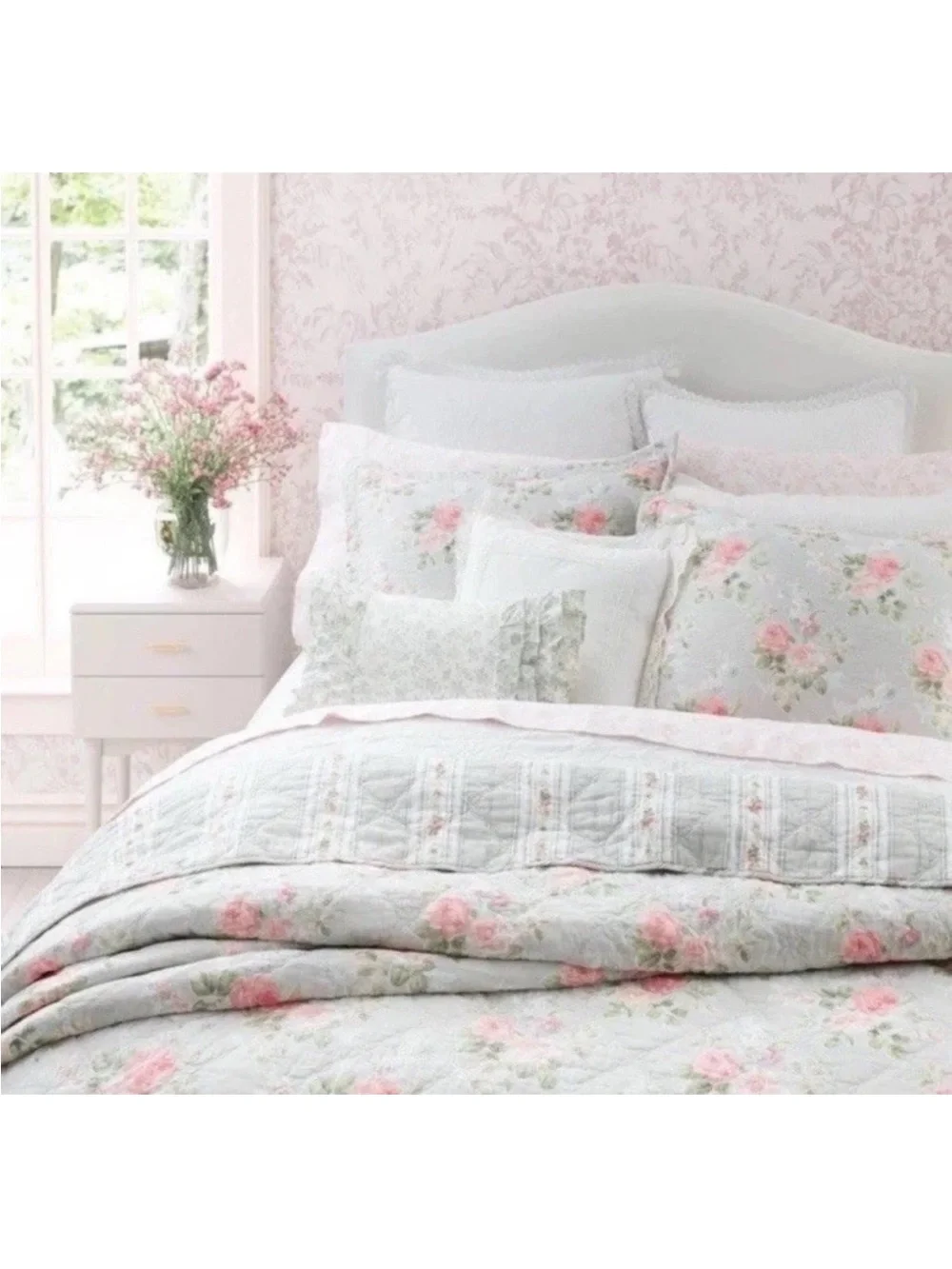Laura Ashley Full/Queen Melany Pink Floral Reversible QUILT 3pc Set 100%Cotton